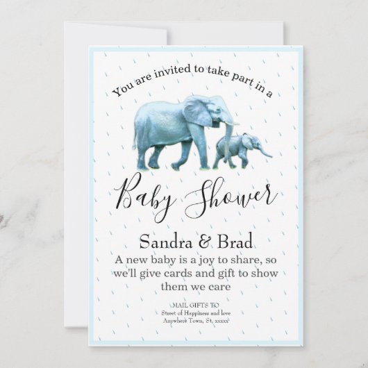 Invitation Bébé mignon garçon bleu Eléphants Baby shower (Devant)