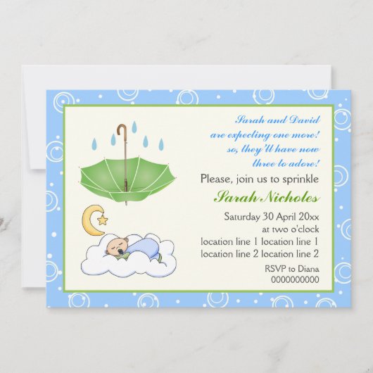 Invitation Bébé mignon garçon dormant saupoudrer bleu et vert (Devant)