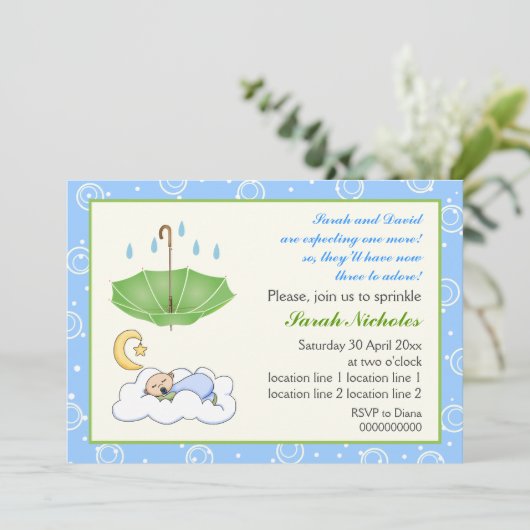 Invitation Bébé mignon garçon dormant saupoudrer bleu et vert (Debout devant)