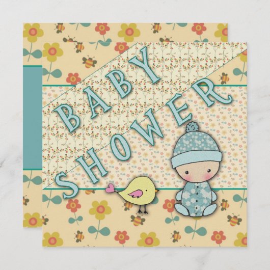 Invitation Bébé mignon garçon et oiseau bébé douche Invitatio (Devant / Derrière)