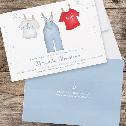Invitation Bébé mignon Garçon Whimsical Denim Bleu Vêtements