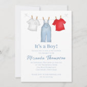 Invitation Bébé mignon Garçon Whimsical Denim Blue Clotheslin (Devant)