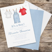 Invitation Bébé mignon Garçon Whimsical Denim Blue Clotheslin