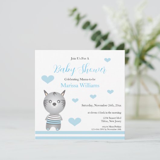 Invitation Bébé mignon garçon Zebra Coeurs Bleus (Debout devant)