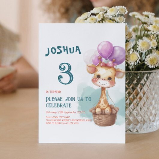 Invitation Bébé mignon Giraffe I Ballons Anniversaire de enfa