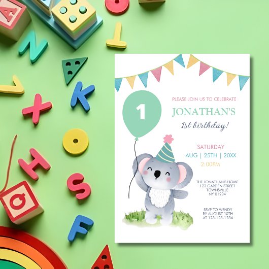 Invitation Bébé mignon Koala Balloon Party Drapeau Anniversai