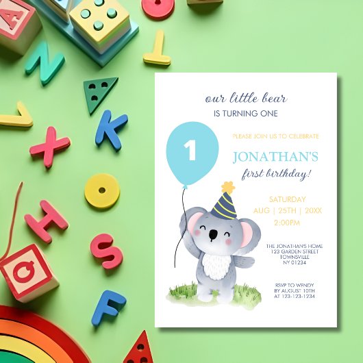 Invitation Bébé mignon Koala Casquette de la fête de ballon A