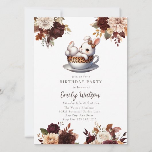 Invitation Bébé mignon lapin | Anniversaire Tea Party (Devant)