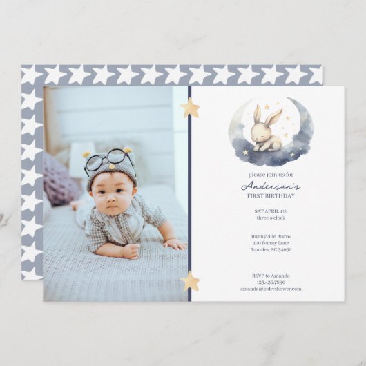 Invitation Bébé mignon lapin sur une lune Anniversaire des en (Devant / Derrière)