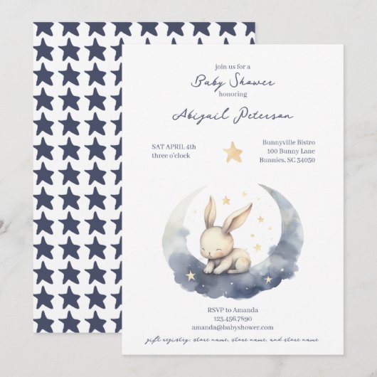 Invitation Bébé mignon lapin sur une lune avec Baby shower ét (Devant / Derrière)