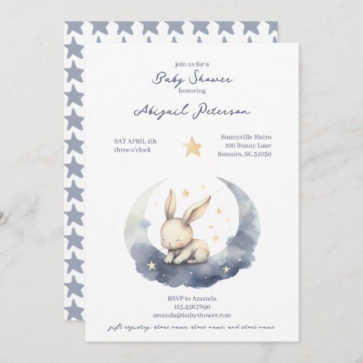 Invitation Bébé mignon lapin sur une lune avec Baby shower ét (Devant / Derrière)