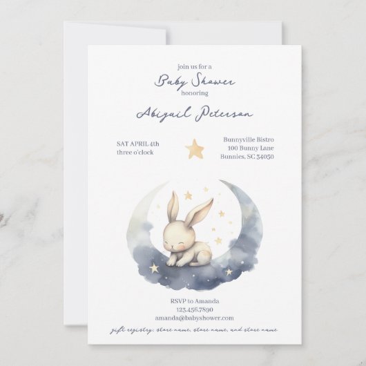 Invitation Bébé mignon lapin sur une lune avec Baby shower ét (Devant)
