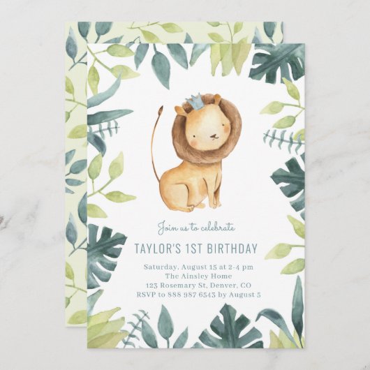 Invitation Bébé mignon Lion Prince Tropical Jungle Anniversai (Devant / Derrière)
