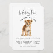 Invitation Bébé mignon Lion Wild Un 1er anniversaire fête (Devant / Derrière)