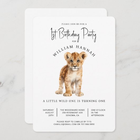 Invitation Bébé mignon Lion Wild Un 1er anniversaire fête (Devant / Derrière)