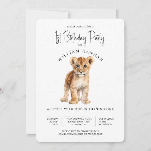Invitation Bébé mignon Lion Wild Un 1er anniversaire fête (Devant)