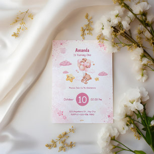 Invitation Bébé mignon ours avec ballons 1er anniversaire