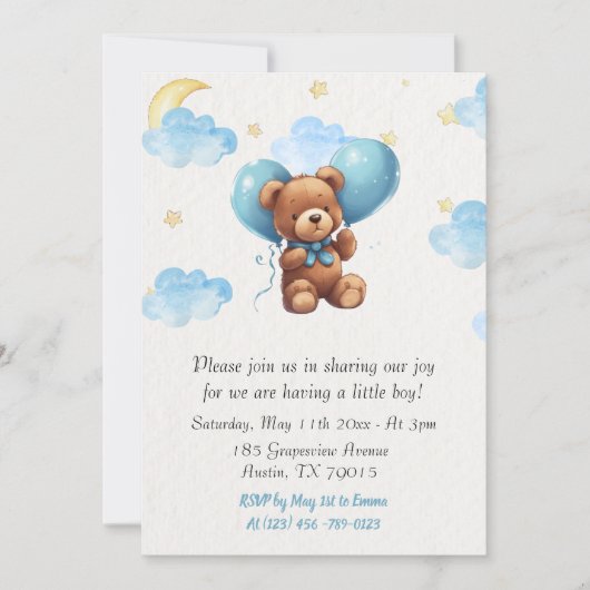 Invitation Bébé mignon ours en peluche (Devant)