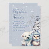 Invitation Bébé mignon Ours polaire et pingouin Pôle Nord hiv (Devant / Derrière)