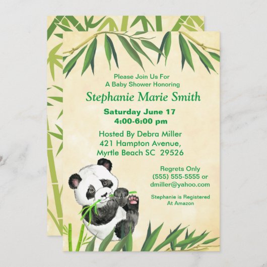 Invitation Bébé mignon Panda Baby shower de bambou vert (Devant / Derrière)