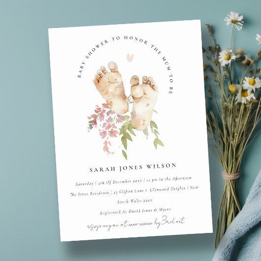 Invitation Bébé mignon Pieds Blush Rose Floral Baby shower fi