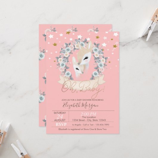 Invitation Bébé mignon rennes Fleurs Étoiles Baby shower (Devant/Arrière en situation)