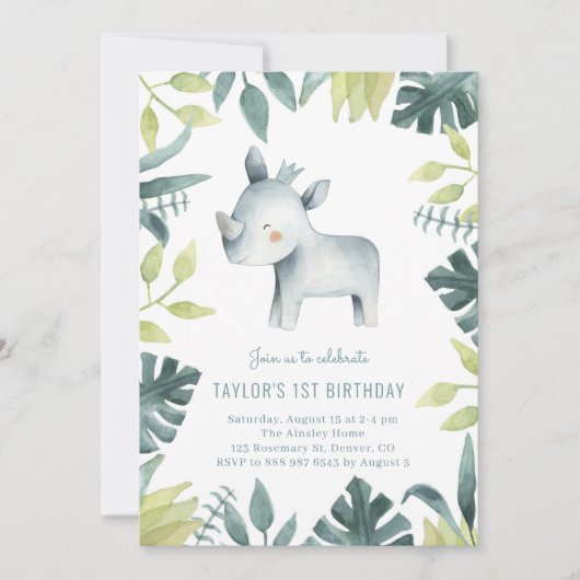 Invitation Bébé mignon Rhinoceros Tropical Jungle Anniversair (Devant)
