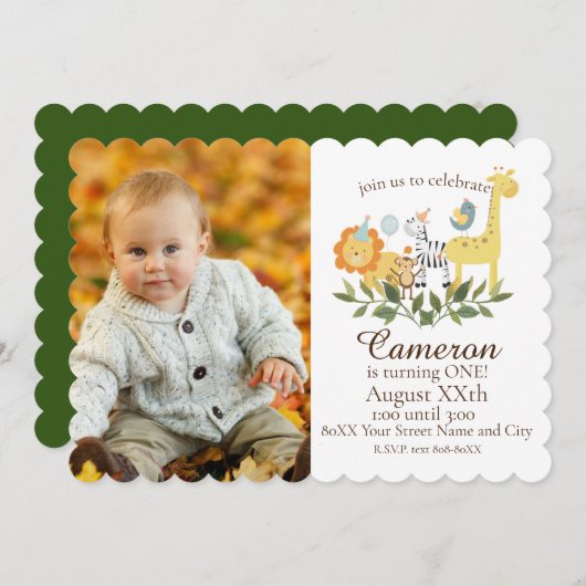 Invitation Bébé mignon Safari & Zoo Animaux avec photo person (Devant / Derrière)