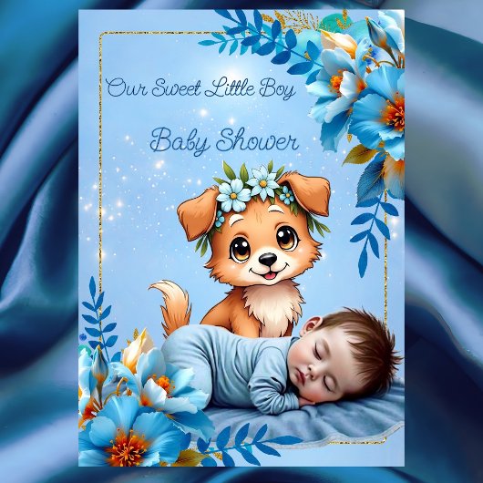 Invitation Bébé mignon shower garçon bleu petit chiot