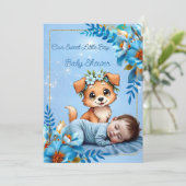 Invitation Bébé mignon shower garçon bleu petit chiot (Debout devant)