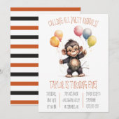 Invitation Bébé mignon singe avec ballons fête d'anniversaire (Devant / Derrière)