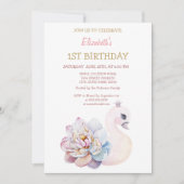 Invitation Bébé mignon Swan Fleur rayé Anniversaire (Devant)