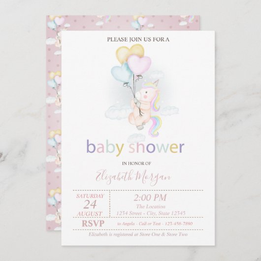 Invitation Bébé mignon Unicorn Ballons Baby shower (Devant / Derrière)