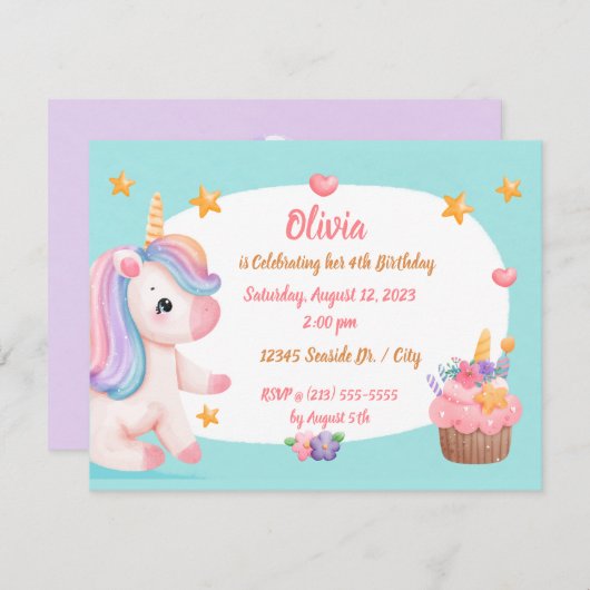 Invitation Bébé mignon Unicorn Pastel Rainbow Cupcake Anniver (Devant / Derrière)