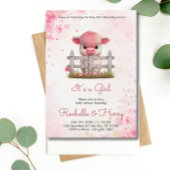 Invitation Bébé mignon vache rose Baby shower floral C'est un
