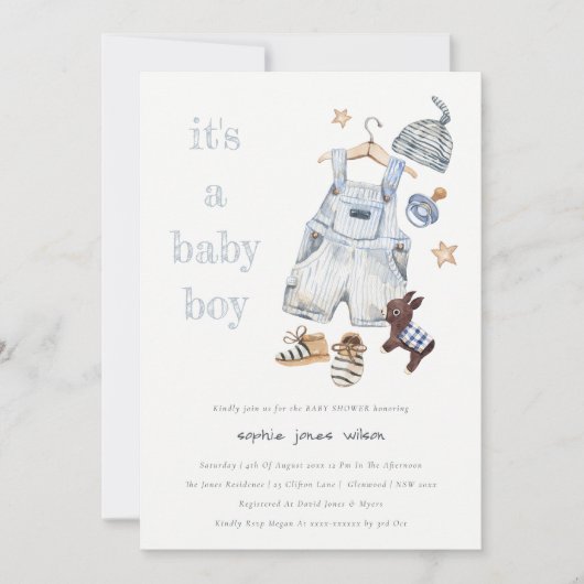 Invitation Bébé mignon Vêtements Bleu C'est un Baby shower ga (Devant)