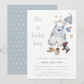 Invitation Bébé mignon Vêtements Bleu C'est un Baby shower ga (Devant / Derrière)