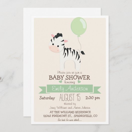 Invitation Bébé mignon Zèbre, Zoo Jungle Baby shower animal (Devant / Derrière)