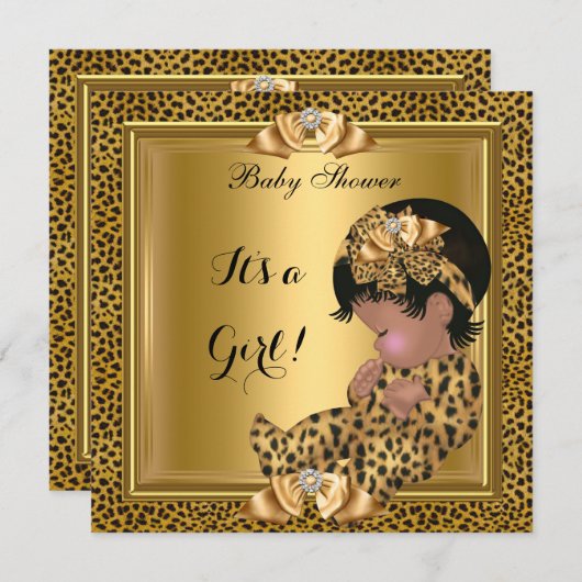 Invitation Bébé mignonne Baby shower fille Leopard Gold (Devant / Derrière)