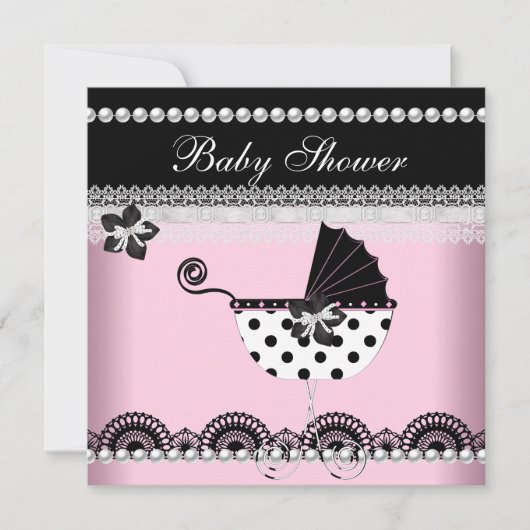 Invitation Bébé mignonne Baby shower fille rose perle noire (Devant)