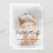 Invitation Bébé mignonne Chat d'hiver fête d'anniversaire (Devant / Derrière)