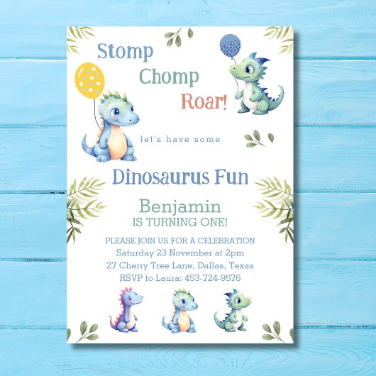 Invitation Bébé mignonne Dinosaur 1er anniversaire fête