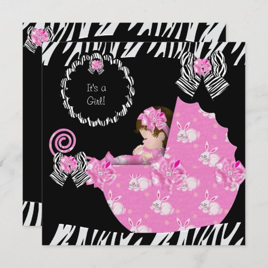 Invitation Bébé mignonne fille Zebra Baby shower Pram rose (Devant / Derrière)