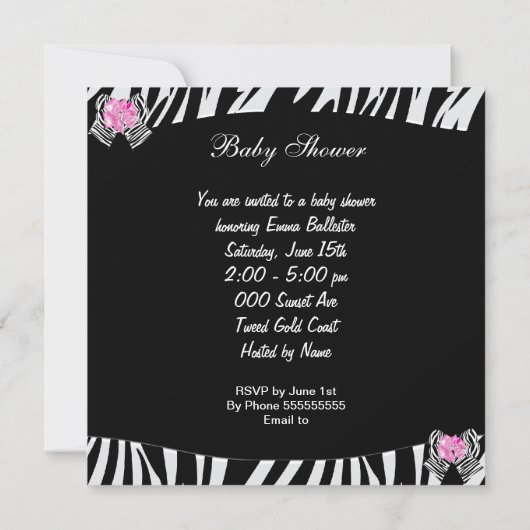 Invitation Bébé mignonne fille Zebra Baby shower Pram rose (Dos)