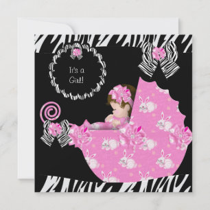 Invitation Bébé mignonne fille Zebra Baby shower Pram rose