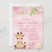 Invitation Bébé mignonne Giraffe Baby shower floral rose rose (Devant)
