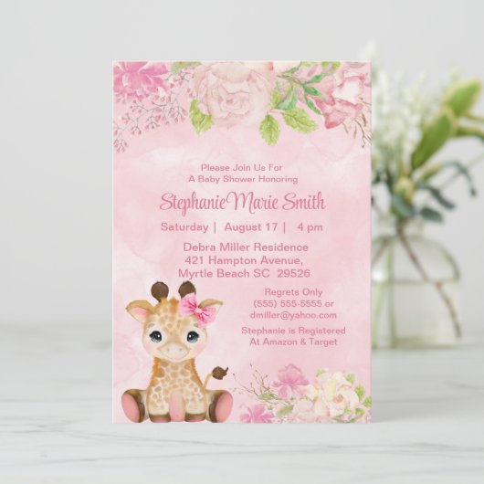 Invitation Bébé mignonne Giraffe Baby shower floral rose rose (Debout devant)