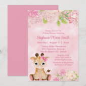 Invitation Bébé mignonne Giraffe Baby shower floral rose rose (Devant / Derrière)