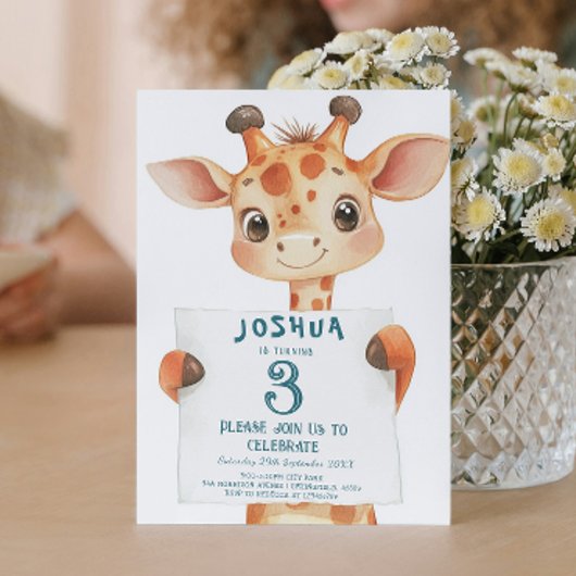 Invitation Bébé mignonne Giraffe et Signé Anniversaire de enf