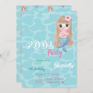 Invitation Bébé mignonne piscine sirène fête d'anniversaire